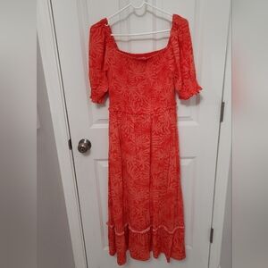 Betsy Johnson Puff Sleeve Maxi Dress Palms of Paradise Smocked Orange SzM
